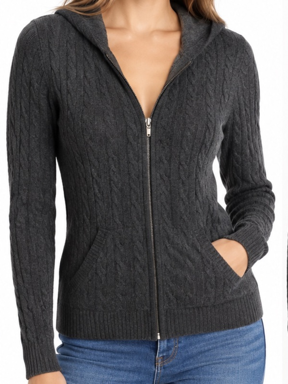AQUA 100% Cashmere Cable Knit Zip Hoodie with pockets in gray